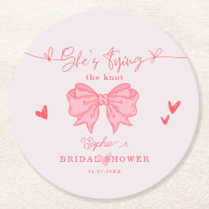 Ze bindt de Knot Blush Pink Bow Vrijgezellenfeest Ronde Kartonnen Onderzetter