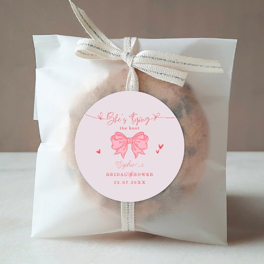 Ze bindt de Knot Blush Pink Bow Vrijgezellenfeest Ronde Sticker