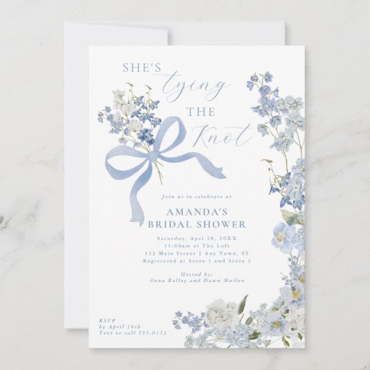 Ze bindt het Knoop Blauwe Bloemen Vrijgezellenfees Kaart (Voorkant)