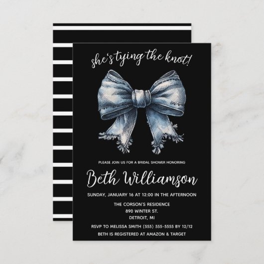 Ze bindt het knoop denim coquette Vrijgezellenfees Kaart (Voorkant / Achterkant)