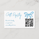 Ze bindt het knot blauw lint cadeauregister vast informatiekaartje (Voorkant)