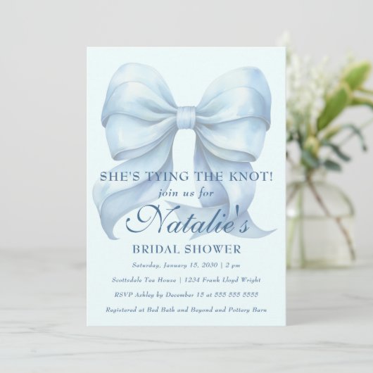 Ze bindt het Knot Blue Bow-Vrijgezellenfeest vast Kaart (Staand voorkant)