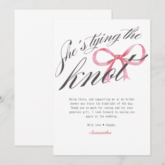 Ze bindt het Knot Bow Coquette Vrijgezellenfeest Bedankkaart (Voorkant / Achterkant)