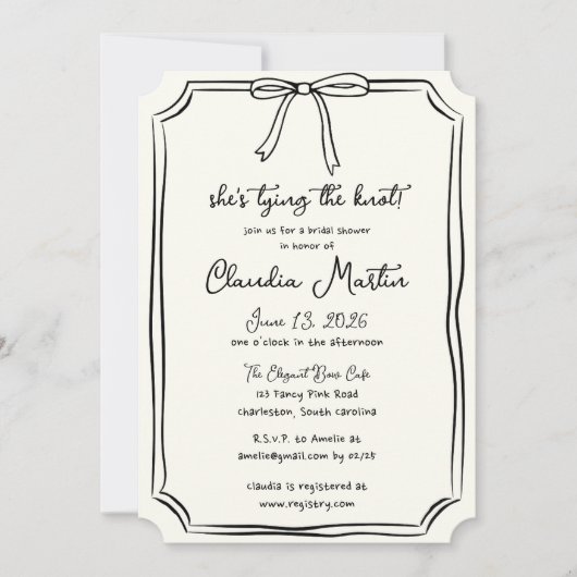 Ze bindt het Knot Hand Drawn Bow Vrijgezellenfeest Kaart (Voorkant)