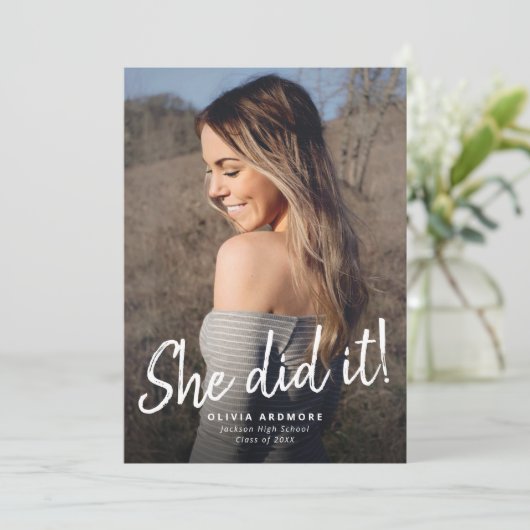Ze deed het! Afstuderen Fotouitnodiging Kaart (Staand voorkant)