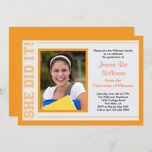 Ze deed het! Afstuderen Fotouitnodiging Kaart (Voorkant / Achterkant)