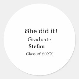 Ze deed het afstuderen naamklasse van 20XX tekst t Ronde Sticker