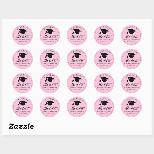 Ze deed het Afstuderen Pet Elegant Typography Pink Ronde Sticker (Vel)