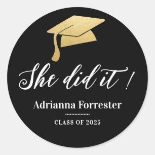Ze deed het Afstuderen Pet Faux Gold Foil Black Ronde Sticker
