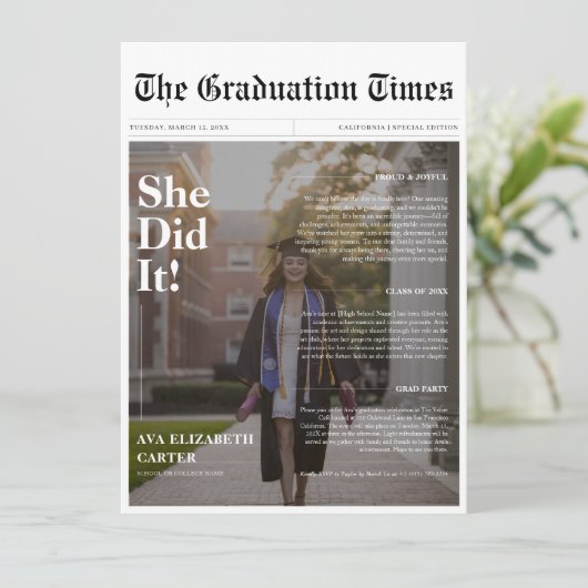 Ze deed het budget Afstuderen krantenfoto Kaart (Staand voorkant)