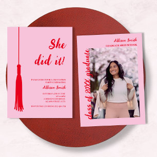 Ze deed het Chic Tassel Red & Pink Photo Afstudere Kaart