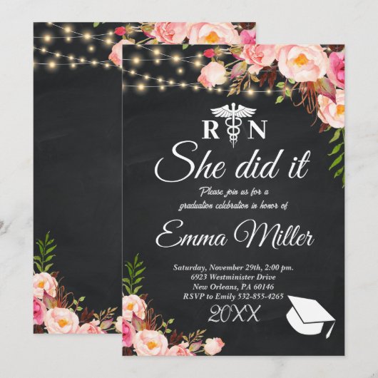 Ze deed het - Elegant Nursing School Afstuderen Kaart (Voorkant / Achterkant)