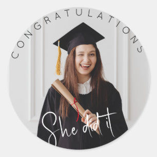 Ze deed het, foto, gefeliciteerd aan de afgestudee ronde sticker