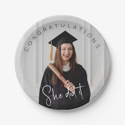 Ze deed het, foto, gefeliciteerd met de afstuderen papieren bordje (Voorkant)