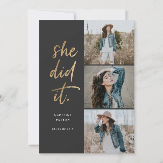 Ze deed het goud en zwart Afstuderen aankondiging (Voorkant)