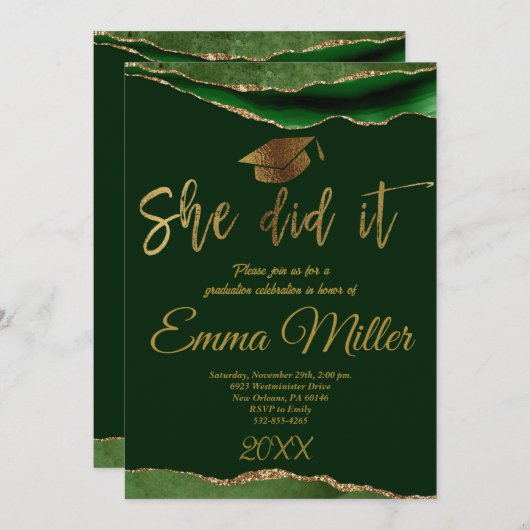 Ze deed het - groen en goud afstudeerfeest kaart (Voorkant / Achterkant)