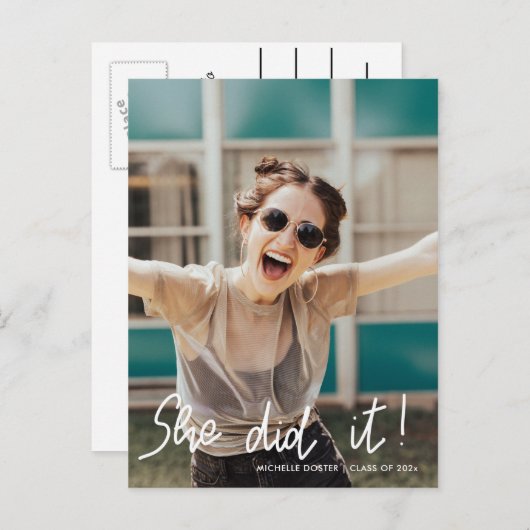 Ze deed het met de hand geschreven script Afstuder Aankondigingskaart (Voorkant / Achterkant)