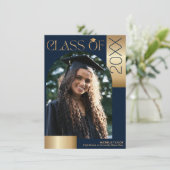 Ze deed het Modern Arch Photo Gold Navy Afstuderen Kaart (Staand voorkant)