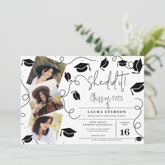 Ze deed het Modern zwart-wit foto-afstuderen Kaart (Staand voorkant)