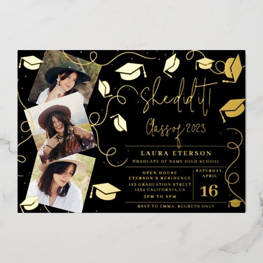 Ze deed het Modern zwarte foto afstuderen Folie Uitnodiging (Voorkant)