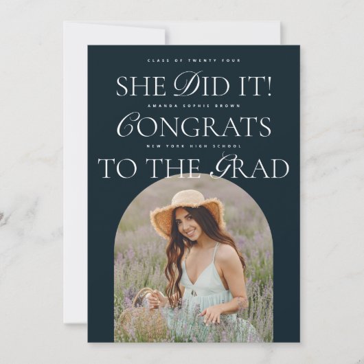 Ze deed het Navy Arch Hybrid Font Modern Afstudere Kaart (Voorkant)