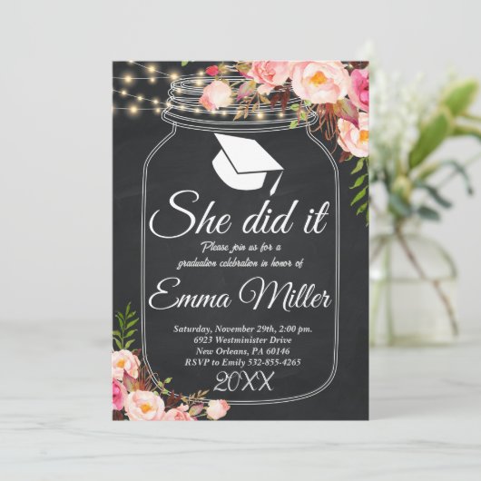 Ze deed het, schoolbordafstudeerfeest kaart (Staand voorkant)
