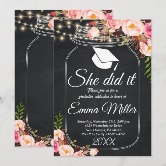 Ze deed het, schoolbordafstudeerfeest kaart (Voorkant / Achterkant)