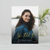 Ze deed het script Afstuderen foto Folie Uitnodiging (Staand Voorkant)