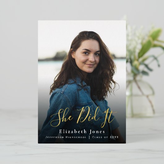 Ze deed het script Afstuderen foto Folie Uitnodiging (Staand Voorkant)