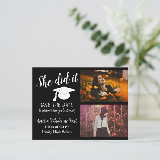 Ze deed het | Sla de datum Afstuderen foto zwart o Briefkaart (Staand voorkant)
