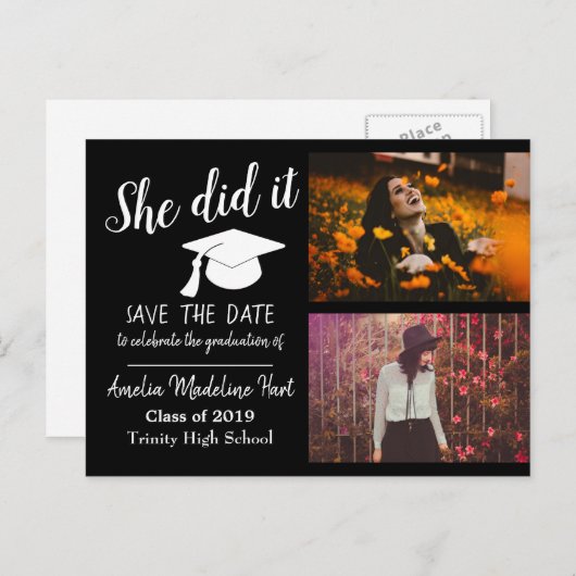 Ze deed het | Sla de datum Afstuderen foto zwart o Briefkaart (Voorkant / Achterkant)