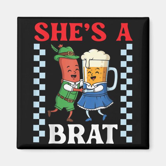 Ze draagt een grappig worst- en bierkostuum magneet (Voorkant)