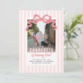 Ze draait One Stripes Pink Bow foto verjaardag Kaart (Staand voorkant)