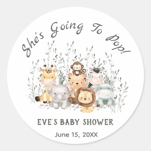 Ze gaat Safari Animals Baby shower Poppen Ronde Sticker (Voorkant)