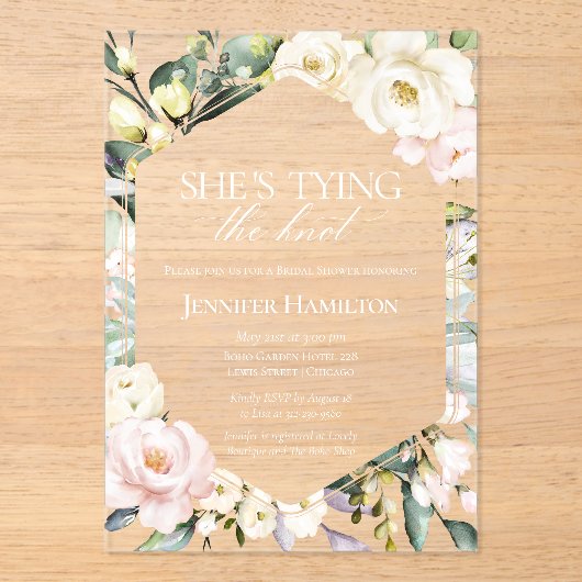 Ze gaat trouwen | Boho Bloemige Bruidsborrel Acryl Uitnodigingen (Voorkant)