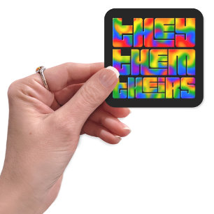 Ze gebruiken hun voornaamwoorden regenboogbandkleu vierkante sticker