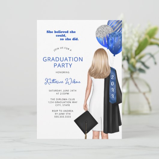 Ze geloofde dat ze een afstudeerfeest met blauwe f kaart (Staand voorkant)
