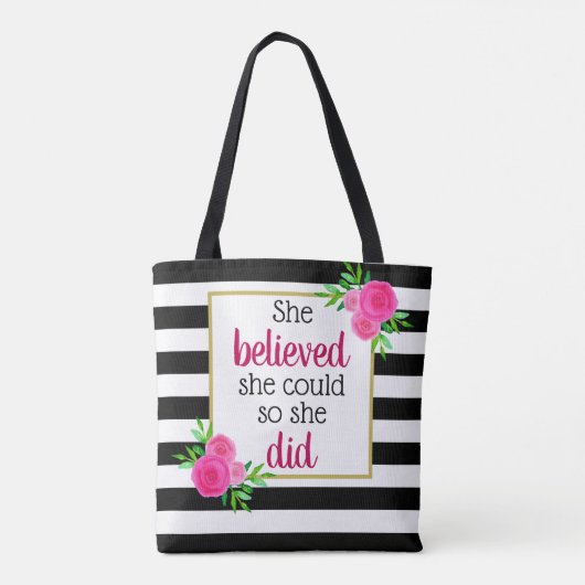 Ze geloofde dat ze Floral Stripes Motivatie kon ma Tote Bag (Achterkant)