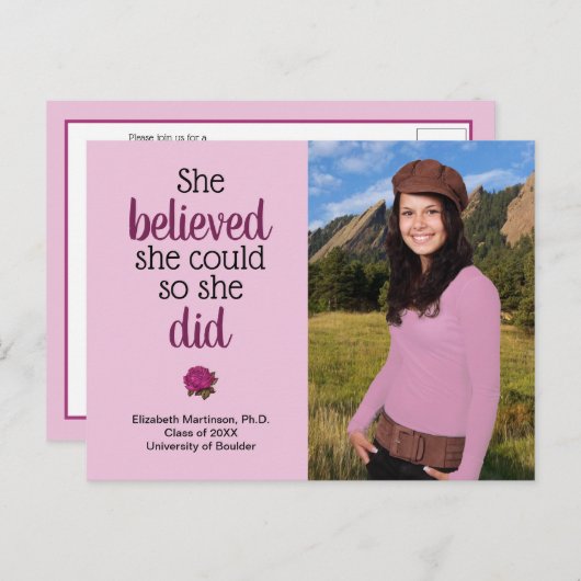 Ze geloofde dat ze kon Roos afstuderen partij foto Uitnodiging Briefkaart (Voorkant / Achterkant)
