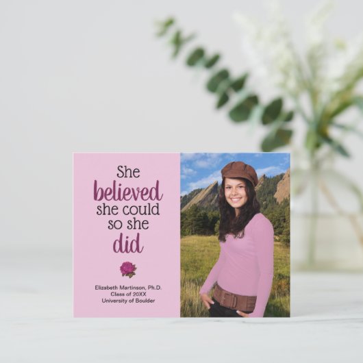 Ze geloofde dat ze kon Roos afstuderen partij foto Uitnodiging Briefkaart (Staand voorkant)