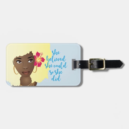 Ze geloofde dat ze kon, zwarte vrouw, blauw bagagelabel (Voorkant horizontaal)