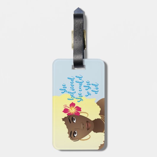 Ze geloofde dat ze kon, zwarte vrouw, blauw bagagelabel (Achterkant verticaal)