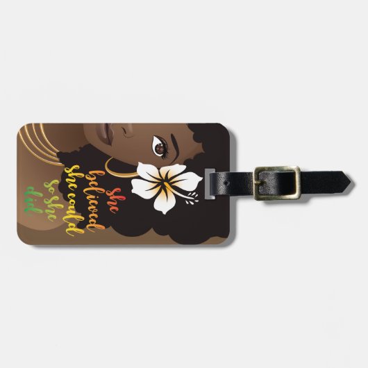 Ze geloofde dat ze kon, zwarte vrouw, bloemperbrui bagagelabel (Voorkant horizontaal)