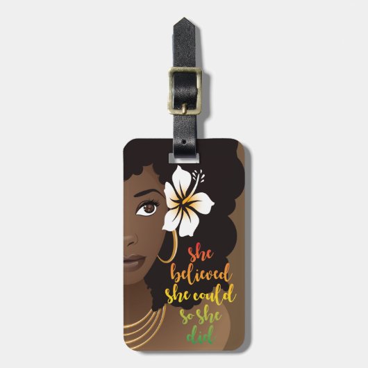 Ze geloofde dat ze kon, zwarte vrouw, bloemperbrui bagagelabel (Voorkant verticaal)