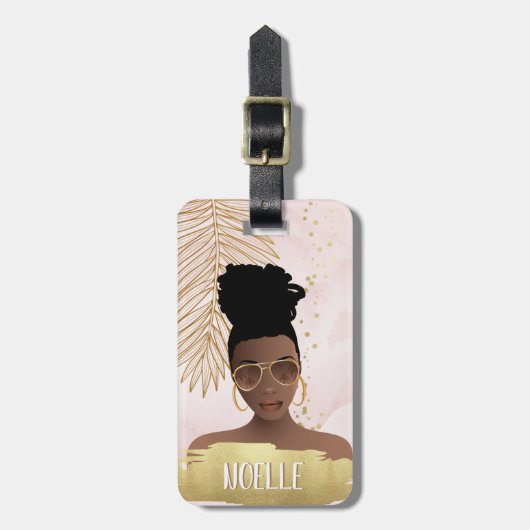 Ze geloofde dat ze kon, zwarte vrouw, roze en goud bagagelabel (Voorkant verticaal)