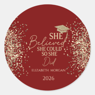 Ze geloofde gouden glitters afstudeerhoed, stippen ronde sticker