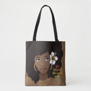 Ze geloofde van wel, zwarte vrouw, bloem, bruin tote bag