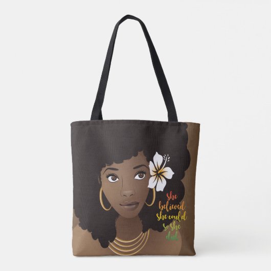 Ze geloofde van wel, zwarte vrouw, bloem, bruin tote bag (Achterkant)