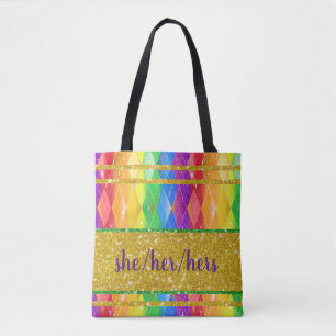 ze haar hers pronoun glitter regenboogpride argyle tote bag