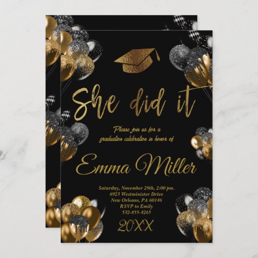 Ze heeft het gedaan - Black and Gold Balloons Afst Kaart (Voorkant / Achterkant)